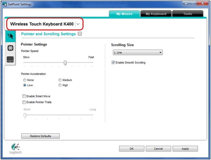 K400 Pointer and Scrolling Settings