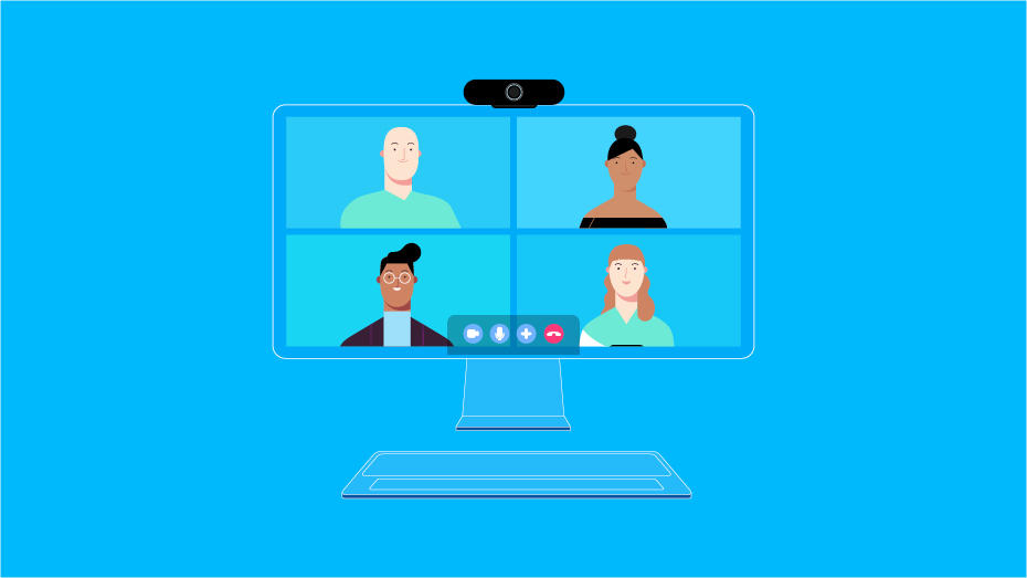 Grafik: Vier Personen bei Videokonferenz mit Logitech Produkten